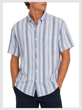 Club Room Linen Blend Shirt Striped Blue Short Sleeve XL